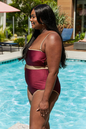 Marina West Swim Wave Break Contrast Trim One-Piece in Wine-Teresa's Fashionista LLC