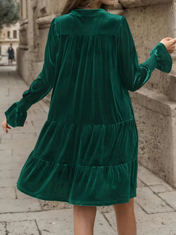 Notched Long Sleeve Tiered Dress-Teresa's Fashionista LLC