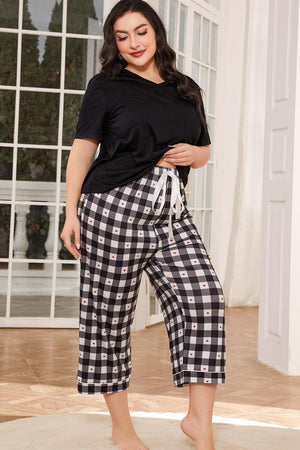 V-Neck Tee and Plaid Cropped Pants Lounge Set-Teresa's Fashionista LLC