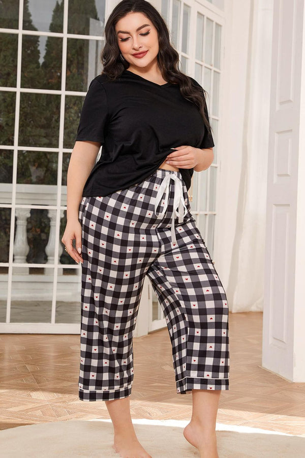 V-Neck Tee and Plaid Cropped Pants Lounge Set-Teresa's Fashionista LLC