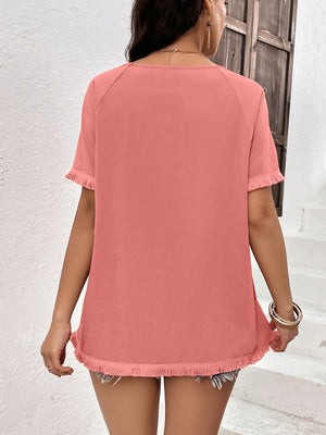 Round Neck Raglan Sleeve Fringe Detail Top-Teresa's Fashionista LLC