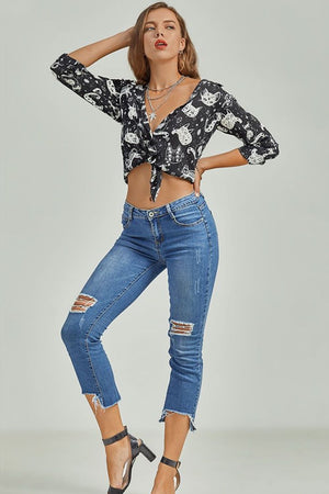 Cat Print Button-Up Shirt-Teresa's Fashionista LLC