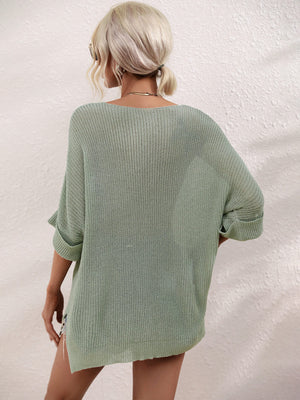 Boat Neck Cuffed Sleeve Slit Tunic Knit Top-Teresa's Fashionista LLC