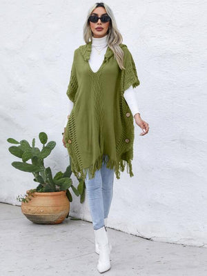 Fringe Trim Buttoned Hooded Poncho-Teresa's Fashionista LLC