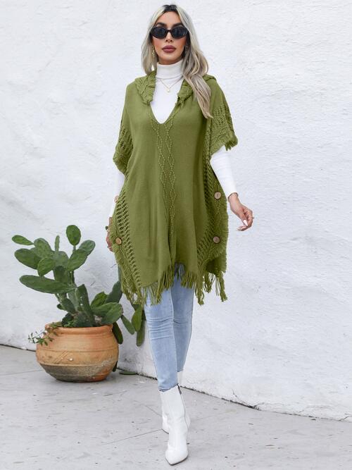 Fringe Trim Buttoned Hooded Poncho-Teresa's Fashionista LLC