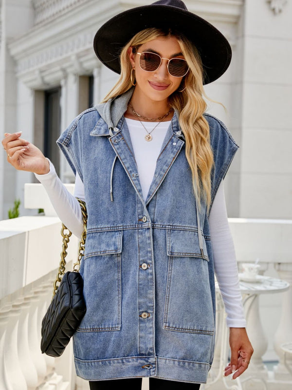 Hooded Sleeveless Denim Top with Pockets-Teresa's Fashionista LLC