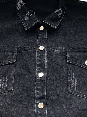 Raw Hem Collared Neck Long Sleeve Denim Jacket-Teresa's Fashionista LLC