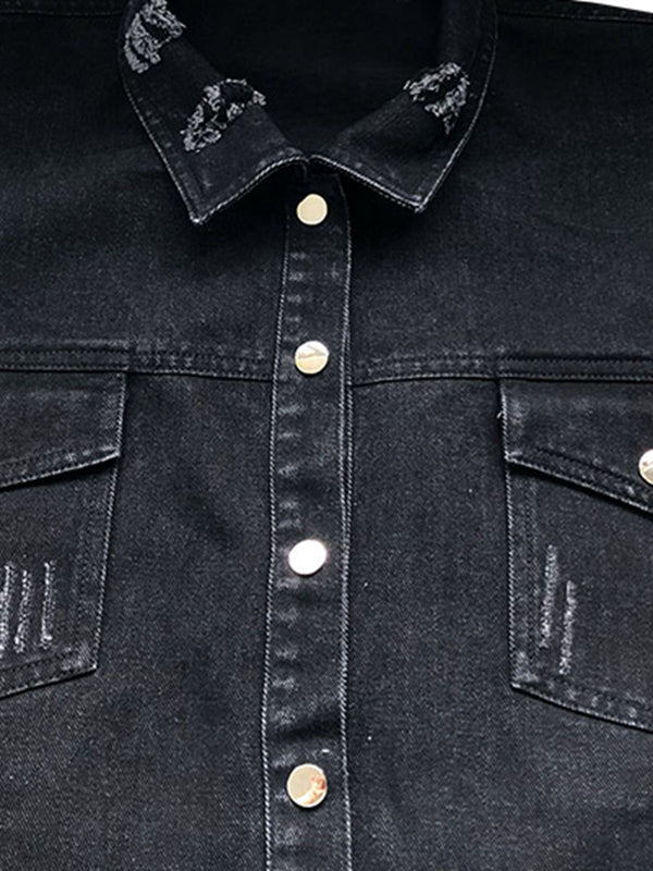 Raw Hem Collared Neck Long Sleeve Denim Jacket-Teresa's Fashionista LLC