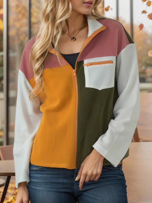 Color Block Zip-Up Long Sleeve Jacket-Teresa&#39;s Fashionista LLC