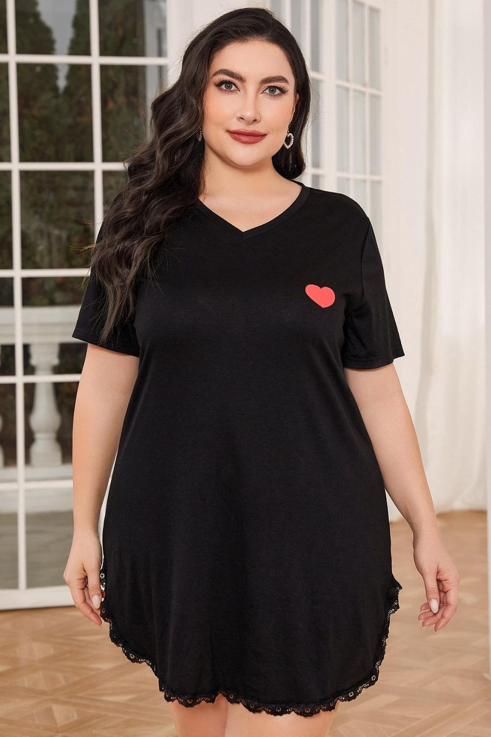 Plus Size Lace Trim V-Neck Short Sleeve Night Dress-Teresa's Fashionista LLC