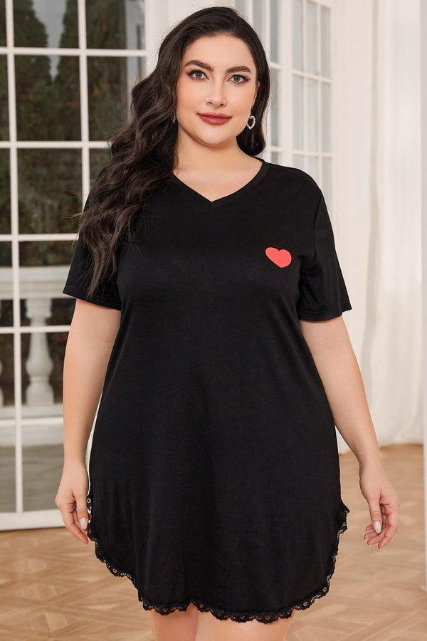 Plus Size Lace Trim V-Neck Short Sleeve Night Dress-Teresa's Fashionista LLC