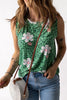 Printed side slit round neck tank with floral pattern and sleeveless design.