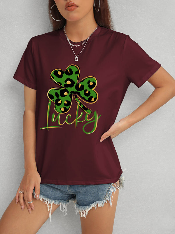 Lucky Clover Round Neck Short Sleeve T-Shirt-Teresa's Fashionista LLC