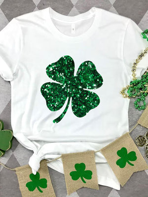 Lucky Clover Round Neck T-Shirt-Teresa's Fashionista LLC