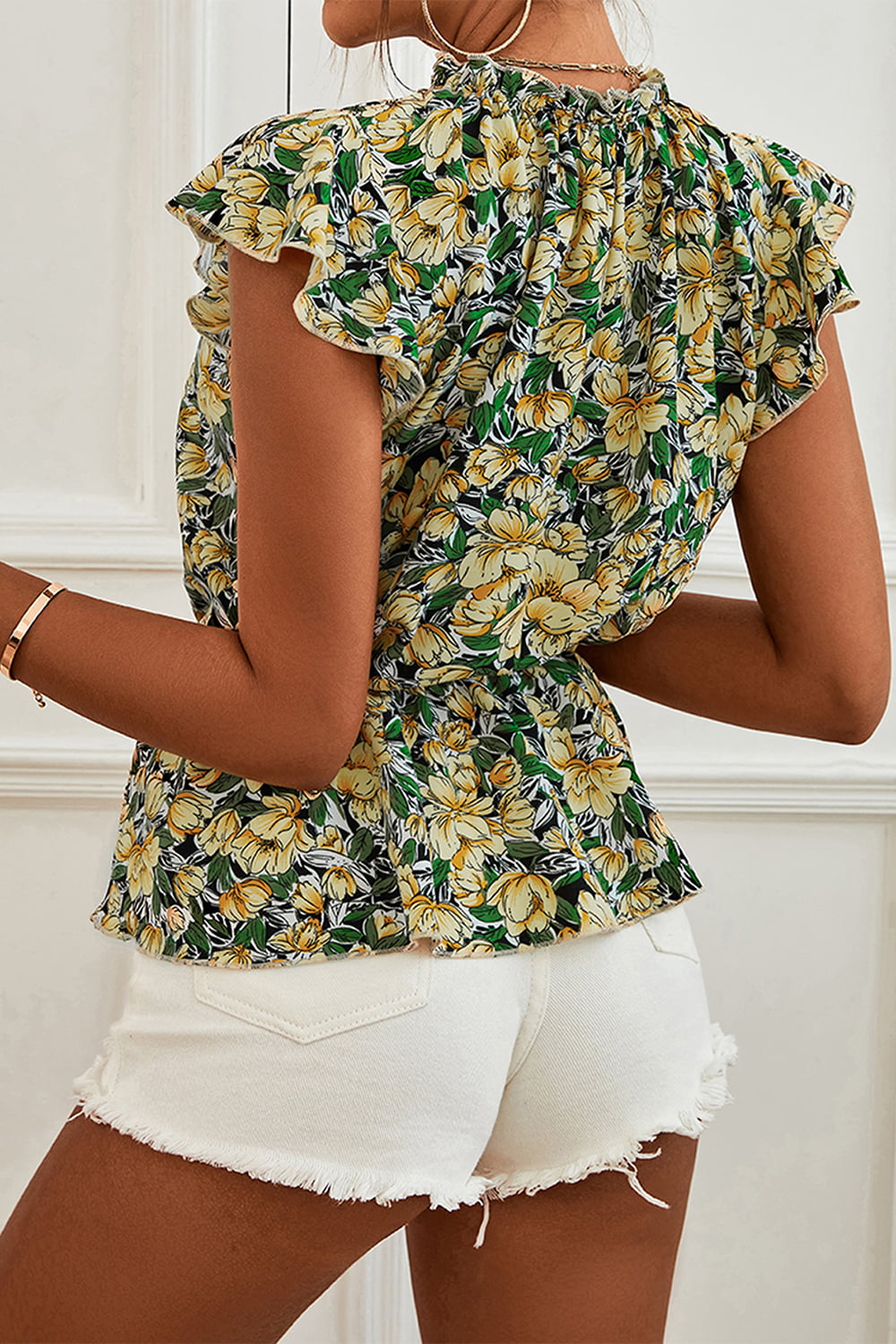 Floral Mock Neck Flutter Sleeve Peplum Top-Teresa's Fashionista LLC