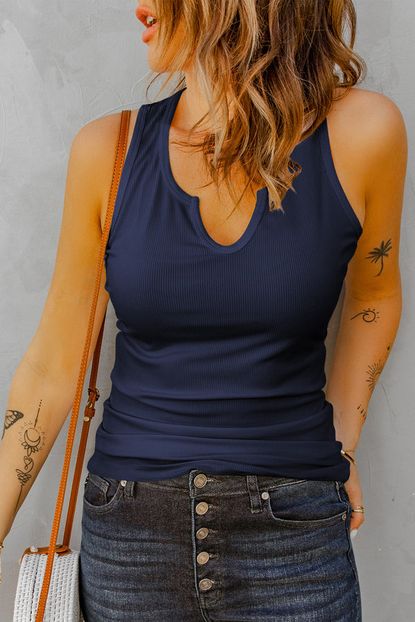 Notched Neck Ribbed Tank Top-Teresa's Fashionista LLC