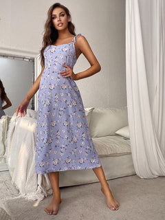 Printed Tie Shoulder Midi Night Dress-Teresa's Fashionista LLC