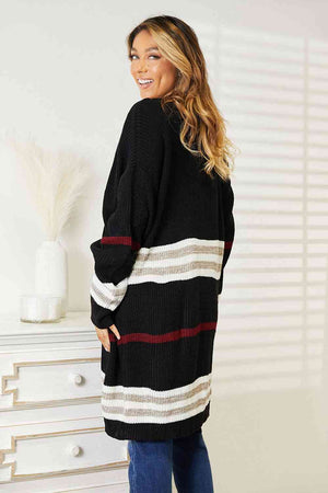 Double Take Striped Rib-Knit Drop Shoulder Open Front Cardigan-Teresa's Fashionista LLC