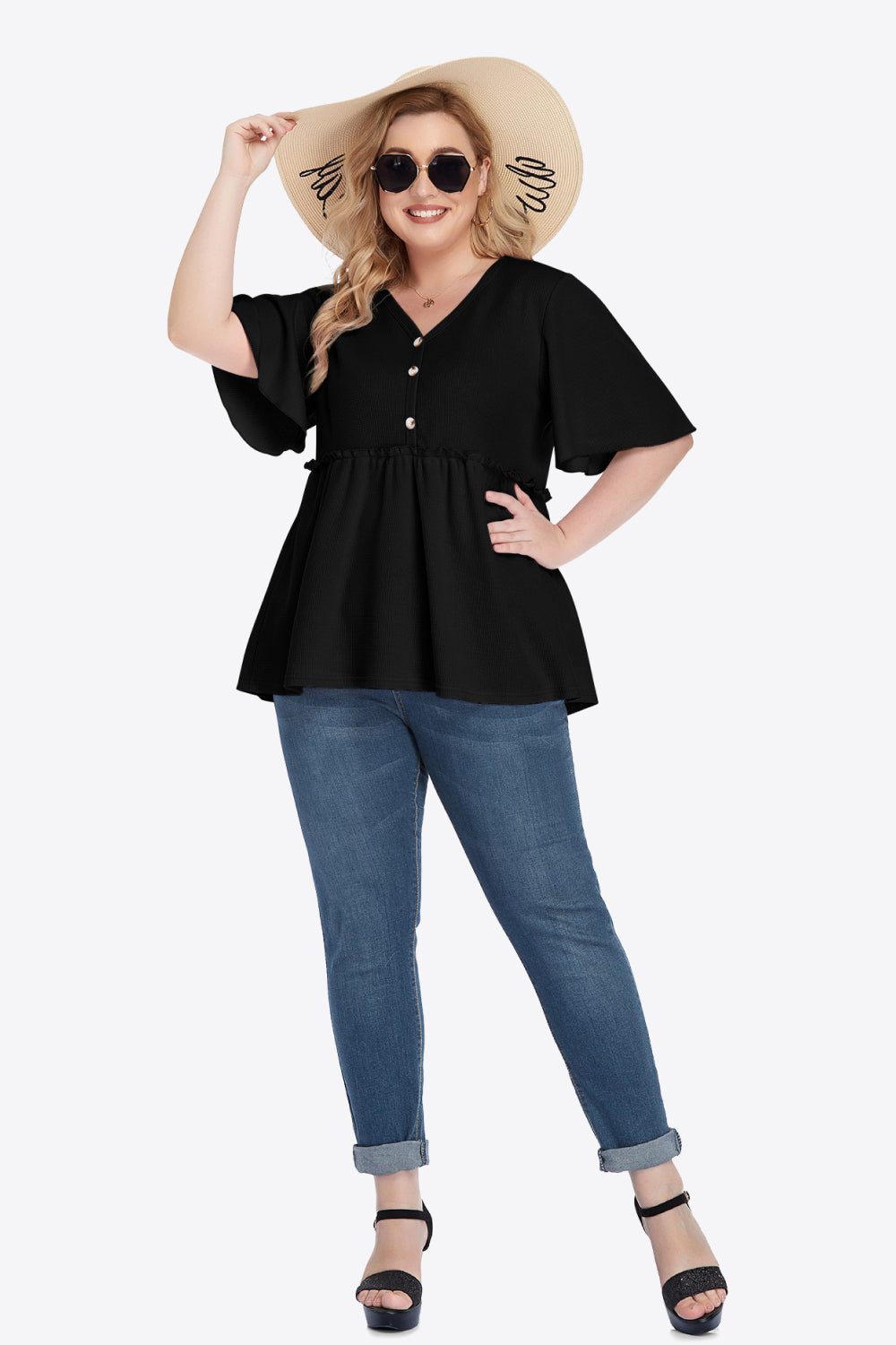 Plus Size Buttoned V-Neck Frill Trim Babydoll Blouse-Teresa&#39;s Fashionista LLC