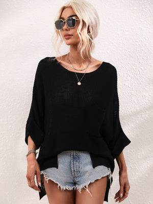 Boat Neck Cuffed Sleeve Slit Tunic Knit Top-Teresa's Fashionista LLC