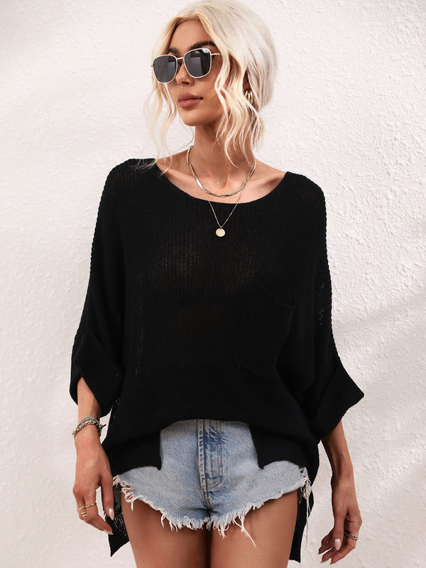 Boat Neck Cuffed Sleeve Slit Tunic Knit Top-Teresa's Fashionista LLC