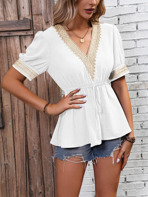Contrast V-Neck Babydoll Top-Teresa's Fashionista LLC