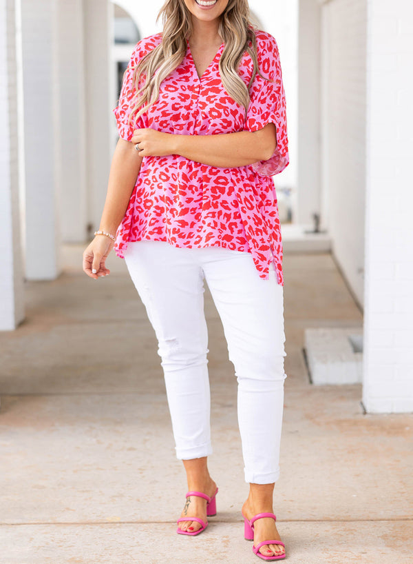 Plus Size Printed Notched Neck Half Sleeve Top-Teresa's Fashionista LLC