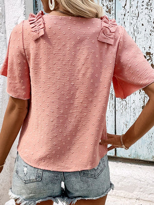 Swiss Dot Shoulder Detail V-Neck Blouse-Teresa's Fashionista LLC