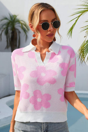Floral Johnny Collar Half Sleeve Knit Top-Teresa's Fashionista LLC