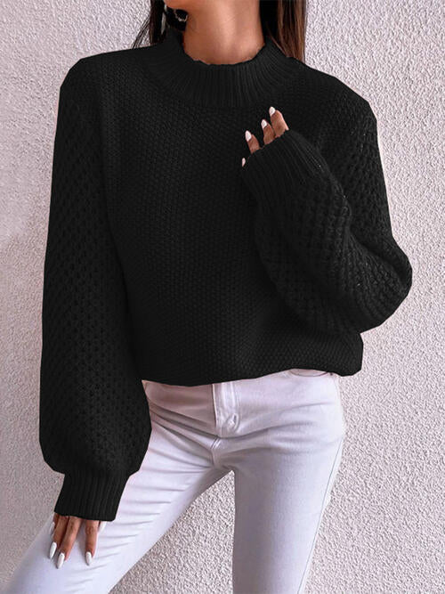 Openwork Mock Neck Long Sleeve Sweater-Teresa's Fashionista LLC