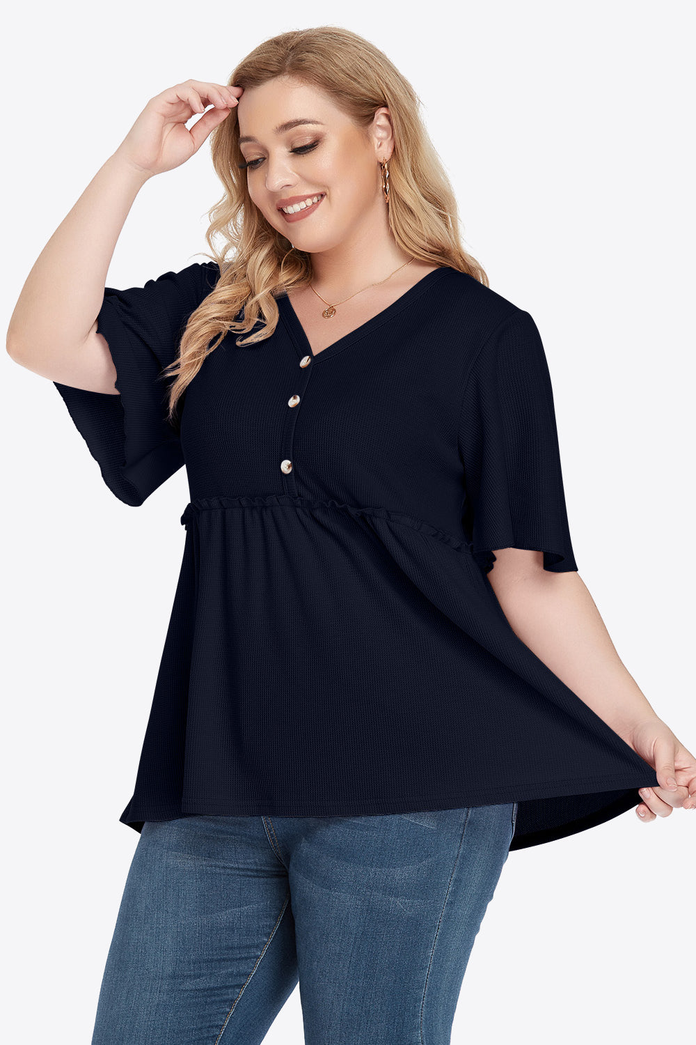Plus Size Buttoned V-Neck Frill Trim Babydoll Blouse-Teresa&#39;s Fashionista LLC