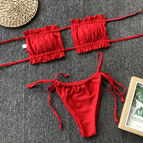 Frill Trim Ruched Bikini Set-Teresa's Fashionista LLC