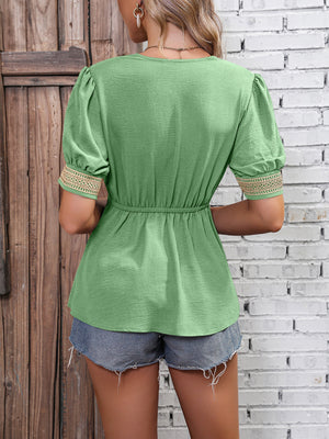 Contrast V-Neck Babydoll Top-Teresa's Fashionista LLC