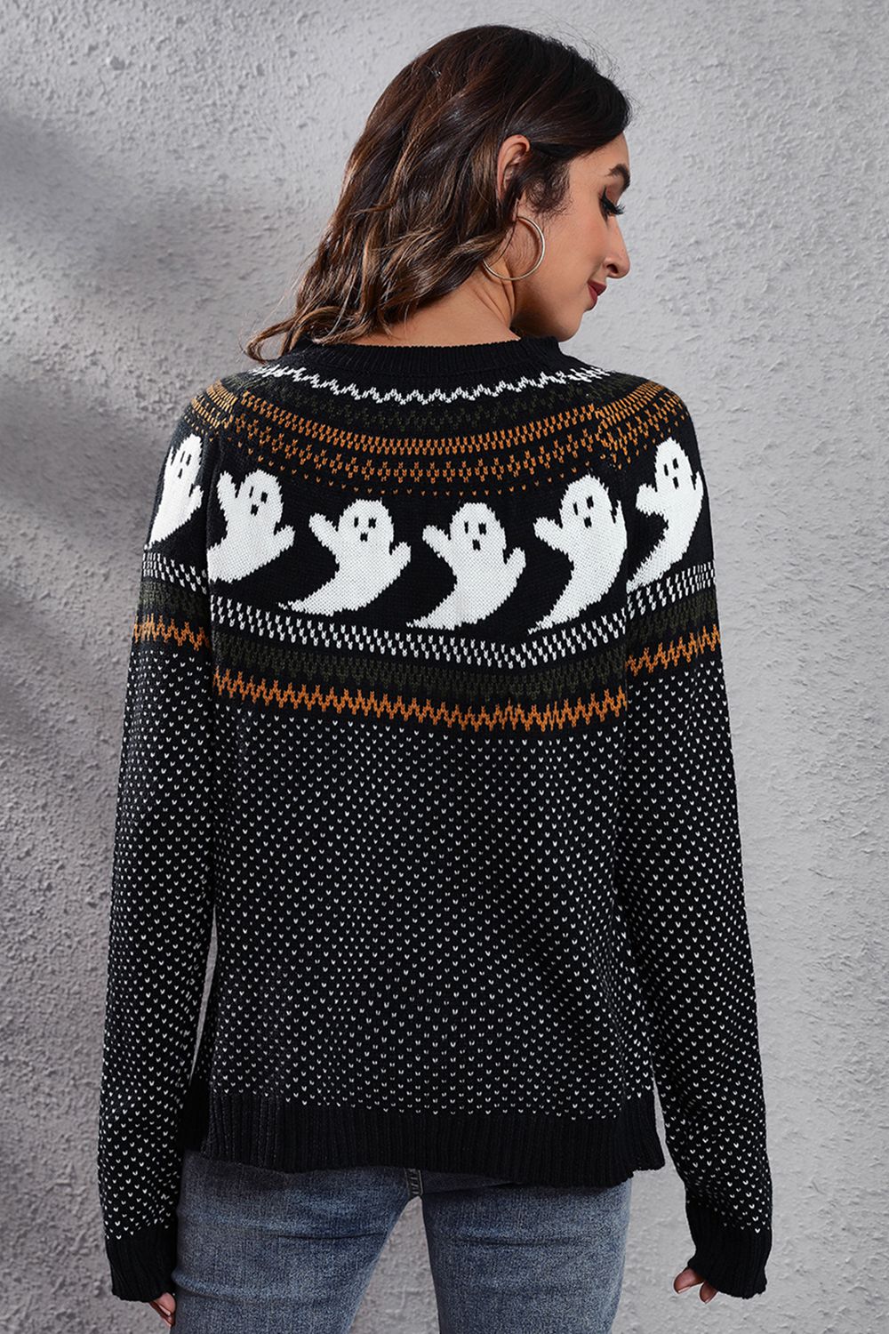 Ghost Pattern Round Neck Long Sleeve Sweater-Teresa's Fashionista LLC