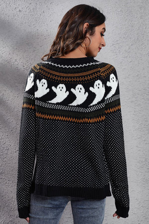Ghost Pattern Round Neck Long Sleeve Sweater-Teresa's Fashionista LLC