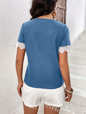 Decorative Button Spliced Lace Short Sleeve Top-Teresa's Fashionista LLC
