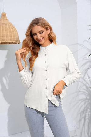 Mock Neck Buttoned Long Sleeve Shirt-Teresa's Fashionista LLC
