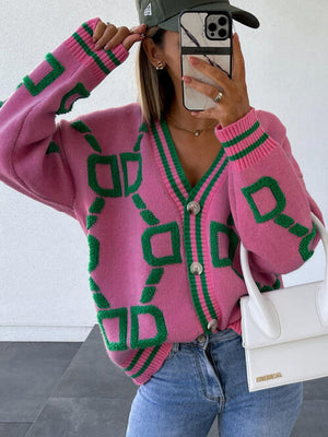 Geometric Dropped Shoulder Button Down Cardigan-Teresa's Fashionista LLC