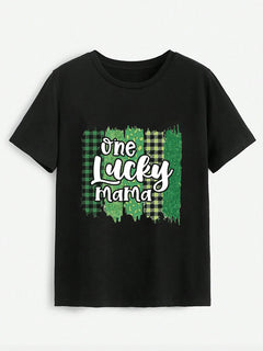 ONE LUCKY MAMA Round Neck T-Shirt-Teresa's Fashionista LLC