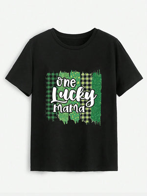 ONE LUCKY MAMA Round Neck T-Shirt-Teresa's Fashionista LLC