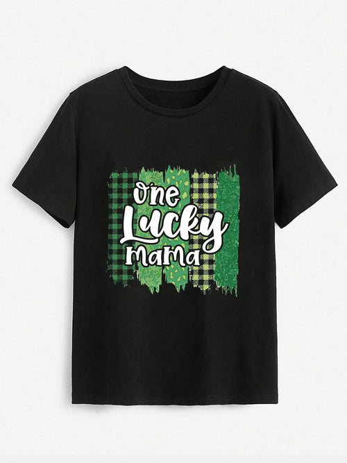 ONE LUCKY MAMA Round Neck T-Shirt-Teresa's Fashionista LLC