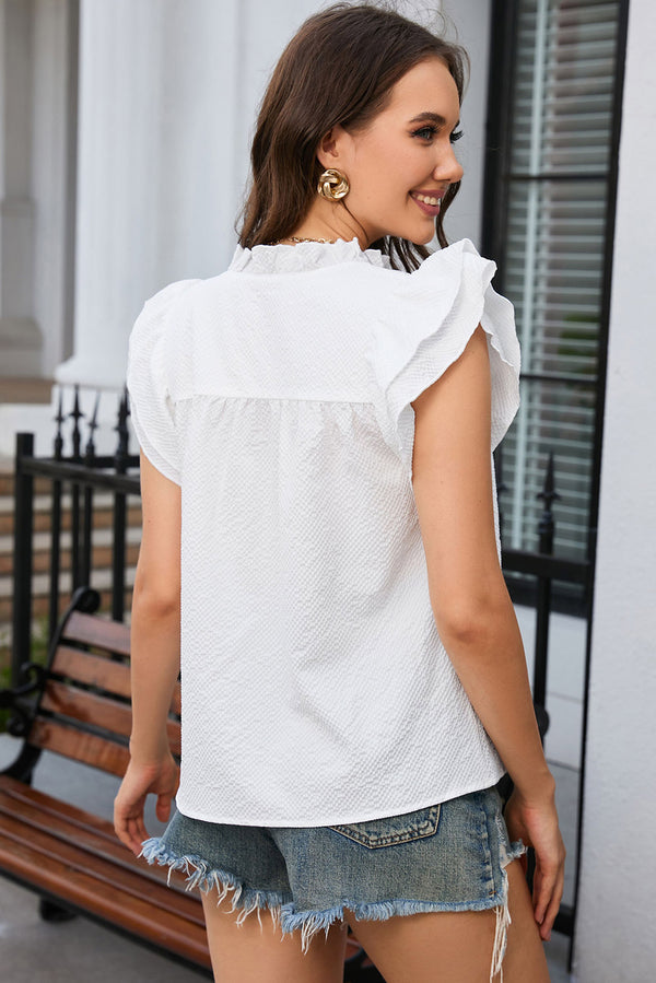 Notched Neck Butterfly Sleeve Blouse-Teresa's Fashionista LLC