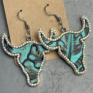 Rhinestone Trim Alloy Bull Earrings-Teresa's Fashionista LLC