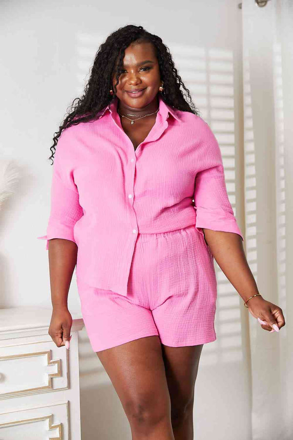 Double Take Textured Shirt and Elastic Waist Shorts with Pockets-Teresa's Fashionista LLC