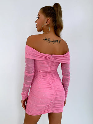 Glitter Ruched Off-Shoulder Long Sleeve Bodycon Dress-Teresa's Fashionista LLC