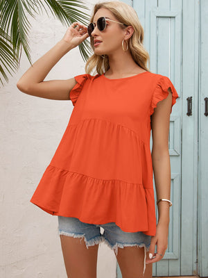 Round Neck Flutter Sleeve Tiered Blouse-Teresa's Fashionista LLC
