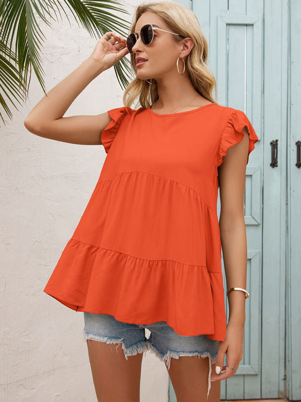 Round Neck Flutter Sleeve Tiered Blouse-Teresa's Fashionista LLC