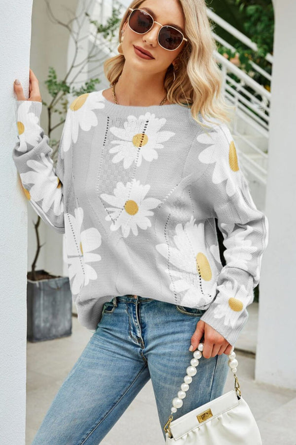 Daisy Print Openwork Round Neck Sweater-Teresa's Fashionista LLC