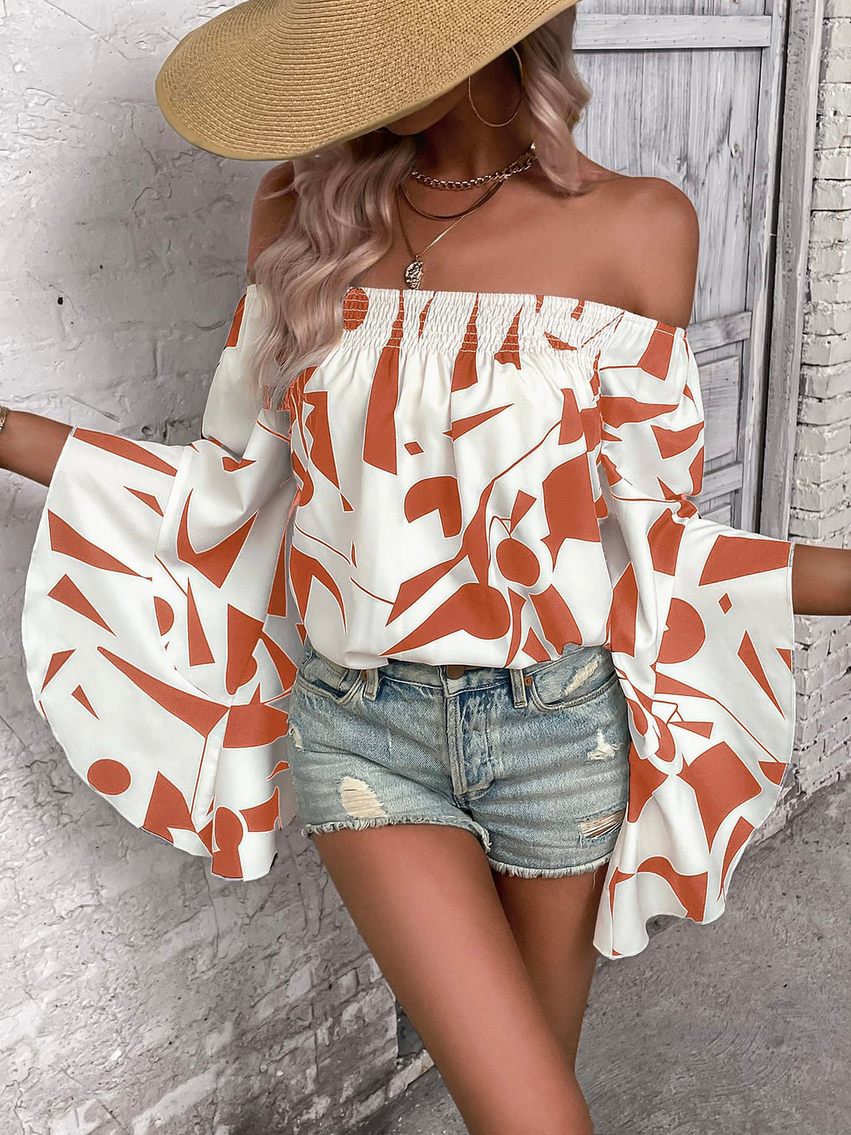 Printed Off-Shoulder Bell Sleeve Blouse-Teresa&#39;s Fashionista LLC