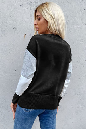 Color Block Ribbed Trim Round Neck Knit Pullover-Teresa's Fashionista LLC